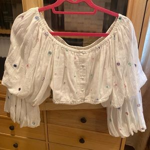 Rococo Sand Embellished Balloon Sleeve Crop Top